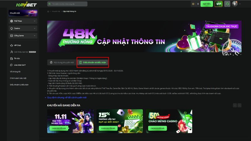 Điều kiện nhận khuyến mãi HAYBET dành cho thành viên