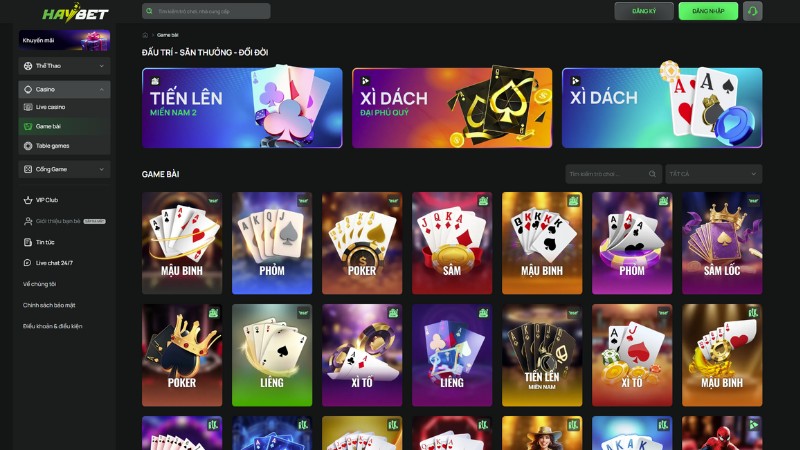 Sảnh game bài đổi thưởng HAYBET đầy đủ các trò chơi HOT nhất hiện nay