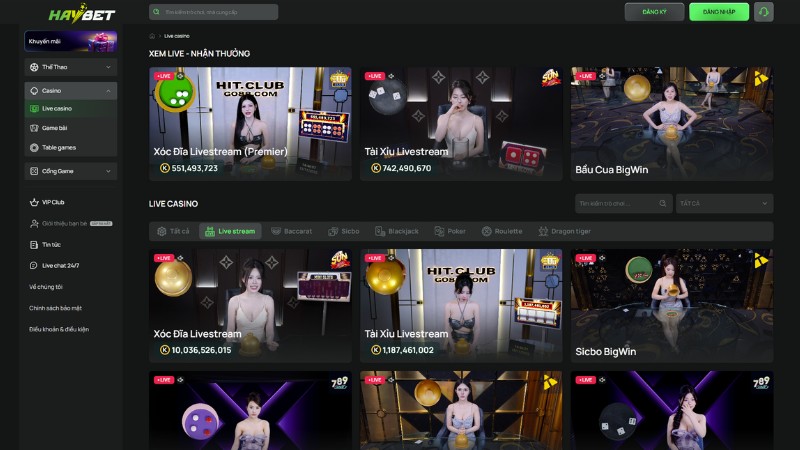 Sảnh cược Live Casino HAYBET đa dạng và chuyên nghiệp
